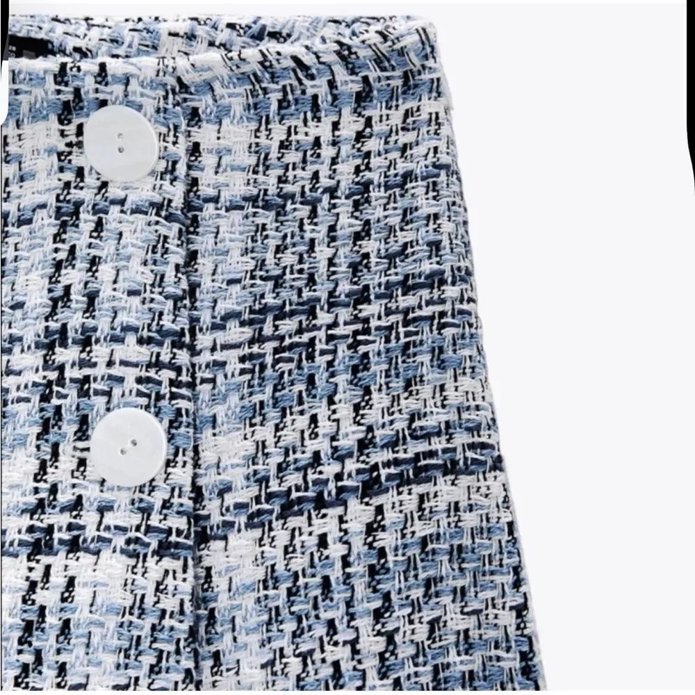 ZARA Textured Tweed Shorts Skort High Waist Blue White Buttons